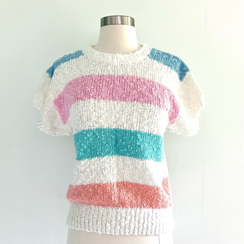 Vintage 80’s pastel striped nubby short sleeve sweater pop over top